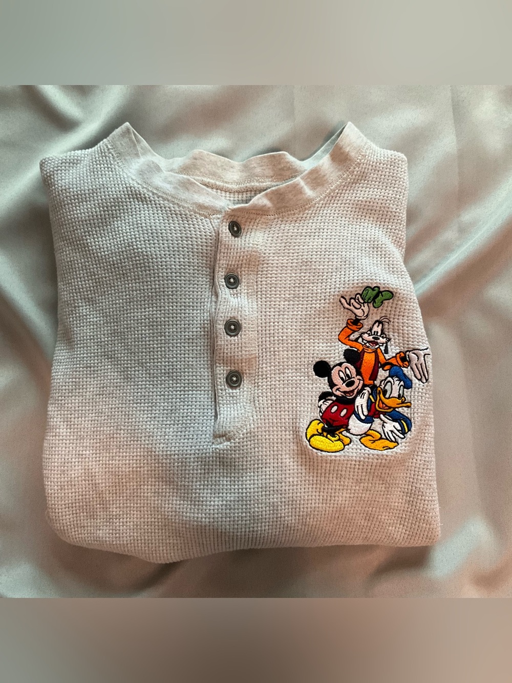 Disney Cream Waffle Henley with Mickey, Donald & Goofy Embroidered Patch